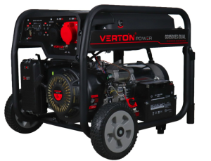• Двухрежимный бензогенератор VERTON POWER GG9500ES-3/DUAL мощностью 9 кВт в комплекте с колесами.
