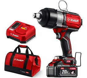 ЗУБР 20 В, 1000 Н·м, 1 АКБ LMS (4 А·ч), бесщеточный ударный гайковерт, сумка (ГБУ-1000-41)